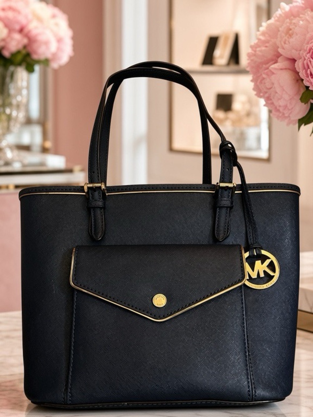 Michael Kors Black Leather Tote with Gold Hardware